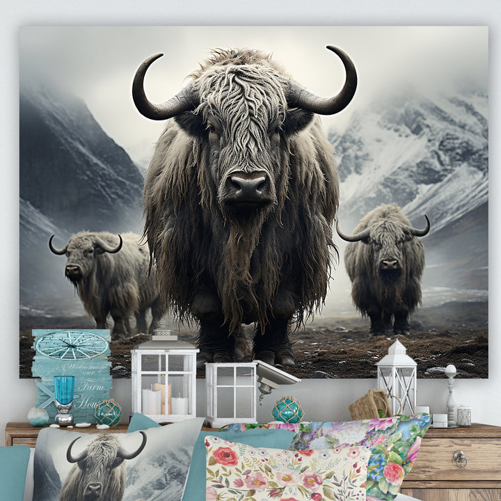 Monochrome Yaks Grazing Scene - Yaks Canvas Wall Art