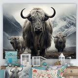 Monochrome Yaks Grazing Scene - Yaks Canvas Wall Art