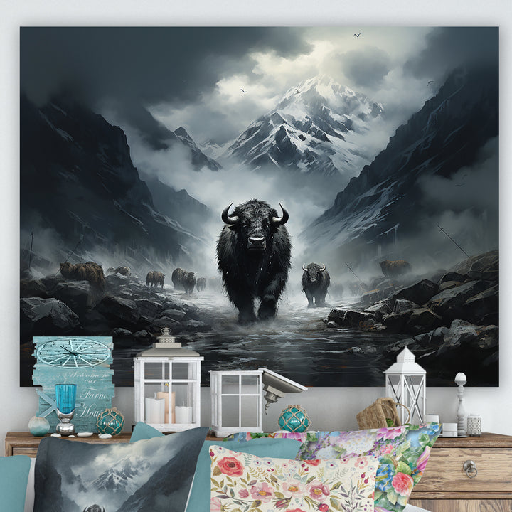 minimalism black Yaks panorama - Black Yaks Wall Art