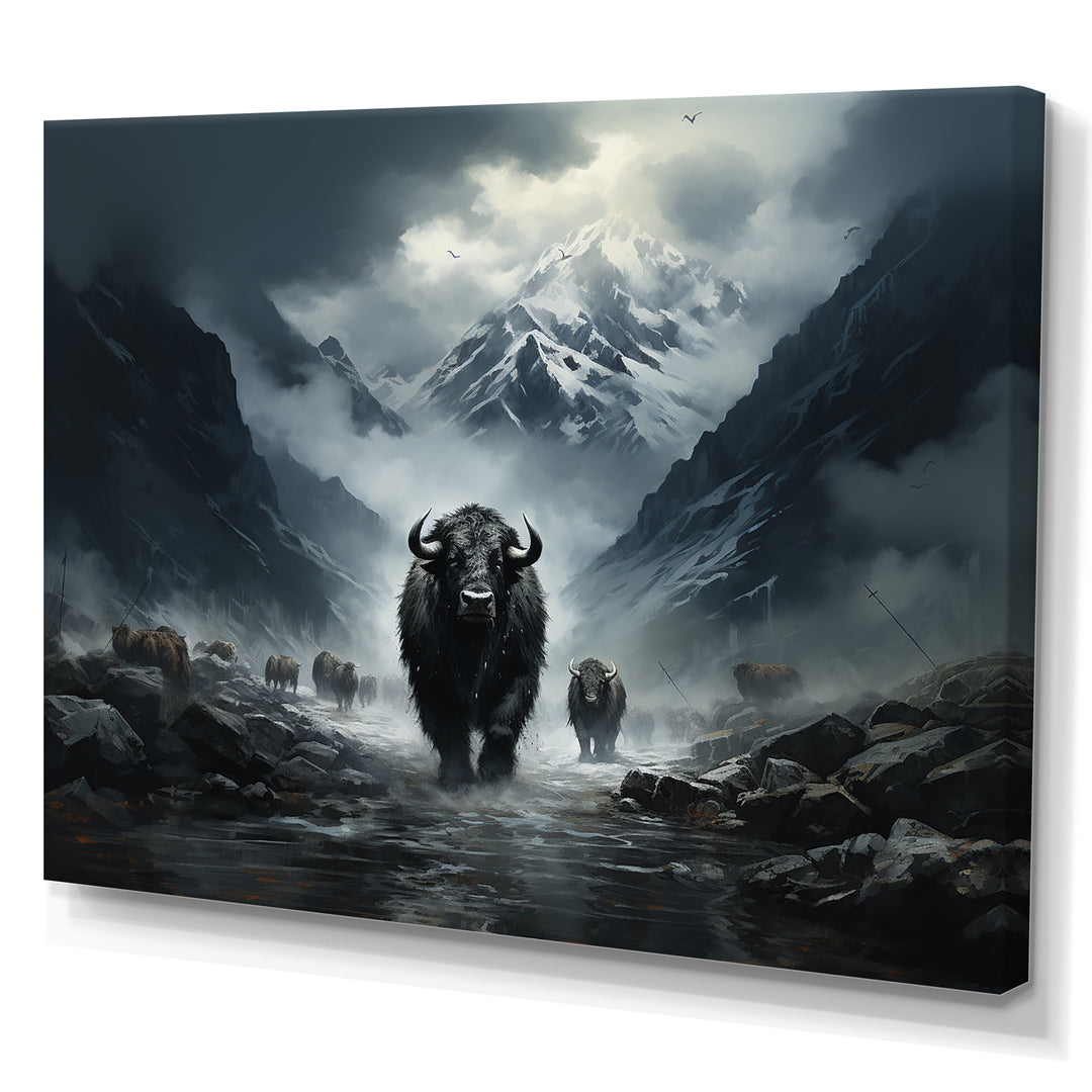 minimalism black Yaks panorama - Black Yaks Wall Art