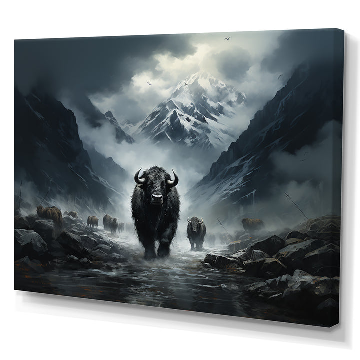 minimalism black Yaks panorama - Black Yaks Wall Art