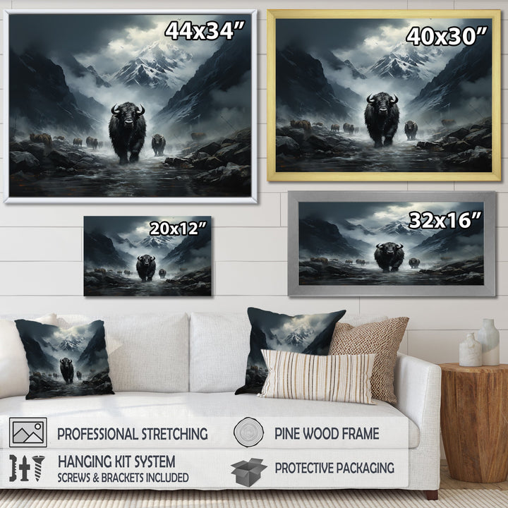 minimalism black Yaks panorama - Black Yaks Wall Art