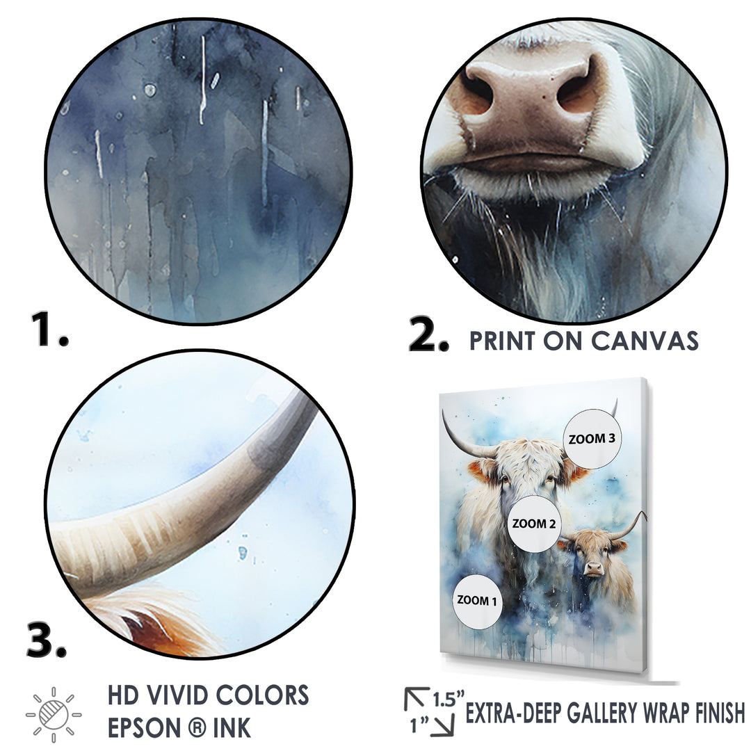 Watercolor Highland Yaks family - Blue Yaks Wall Art