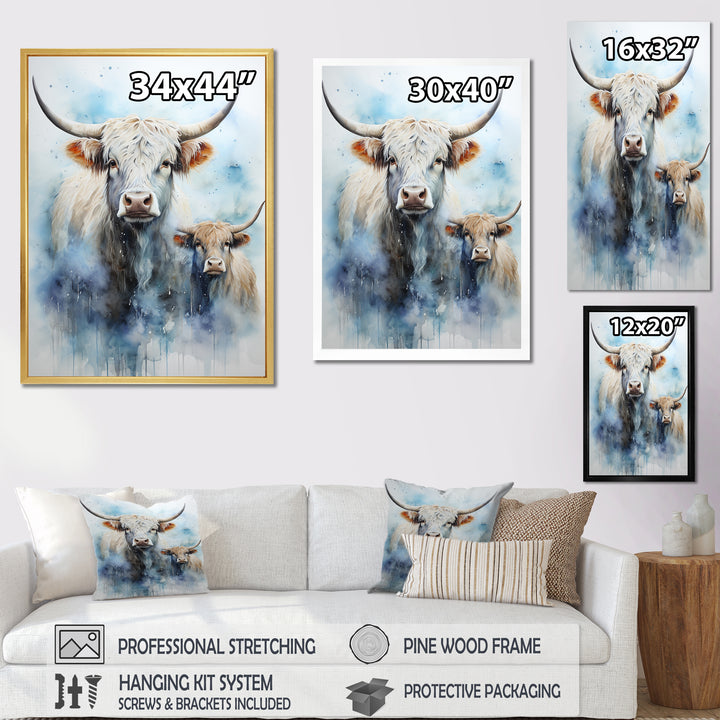 Watercolor Highland Yaks family - Blue Yaks Wall Art