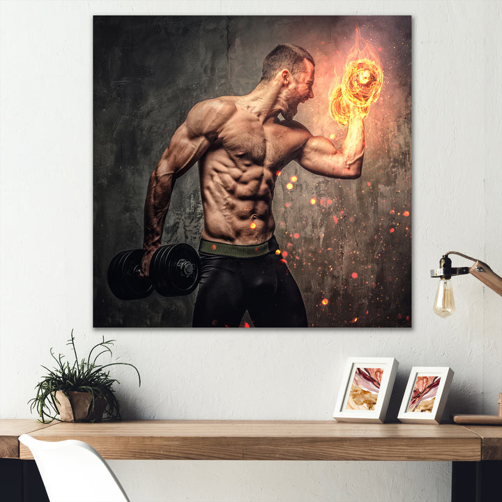 Bodybuilder S Dumbbell On Fire Photo - Aerobic &amp; Bodybuilding Canvas Wall Art