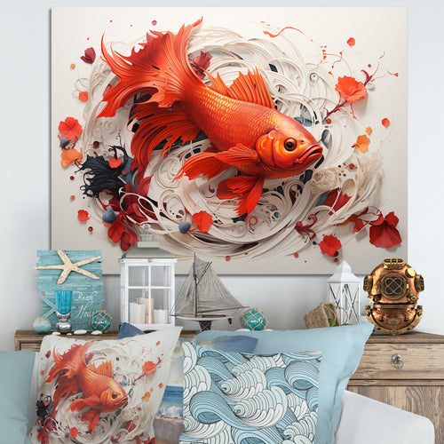Red And Grey Koi's Fish Swimming With Serenity - Koi's Fish Wall Decor