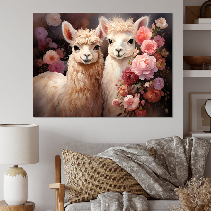 Fluffy Alpacas Floral Portrait - Alpaca Canvas Wall Art