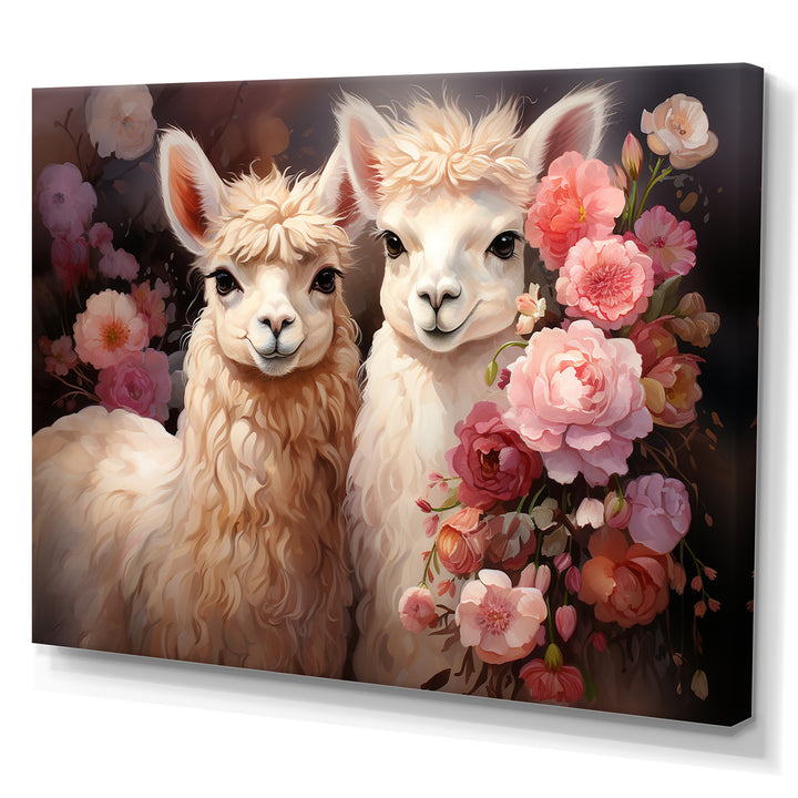 Fluffy Alpacas Floral Portrait - Alpaca Canvas Wall Art