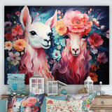 Pink fluffy Alpacas Floral Portrait - Alpaca Wall Decor