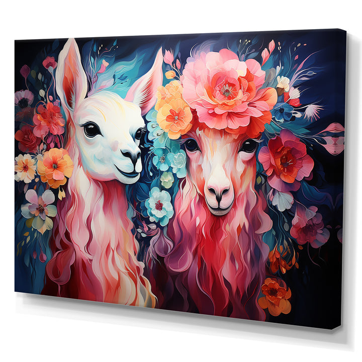 Pink fluffy Alpacas Floral Portrait - Alpaca Wall Decor