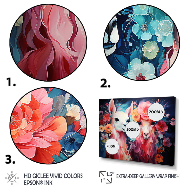 Pink fluffy Alpacas Floral Portrait - Alpaca Wall Decor
