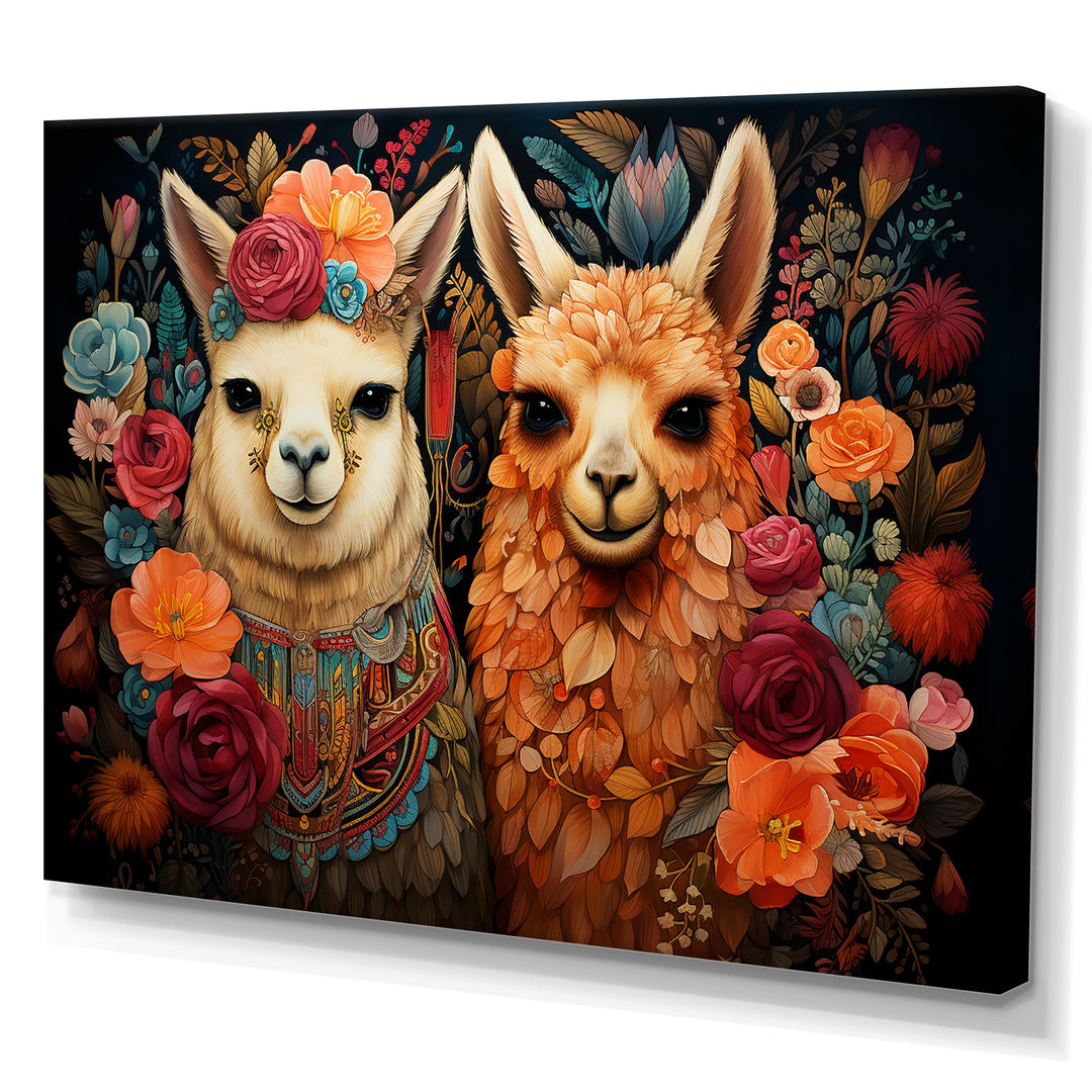 Orange fluffy Alpacas Floral Portrait - Alpaca Wall Art Prints