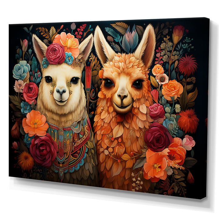 Orange fluffy Alpacas Floral Portrait - Alpaca Wall Art Prints