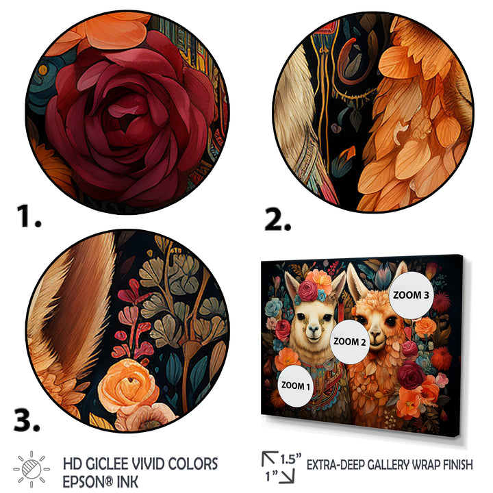 Orange fluffy Alpacas Floral Portrait - Alpaca Wall Art Prints