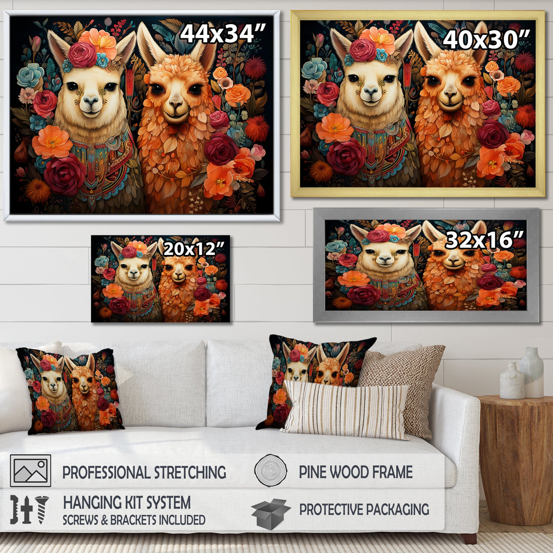 Orange fluffy Alpacas Floral Portrait - Alpaca Wall Art Prints