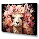 Pink flower crown Alpaca Portrait - Alpaca Large Canvas Wall Art