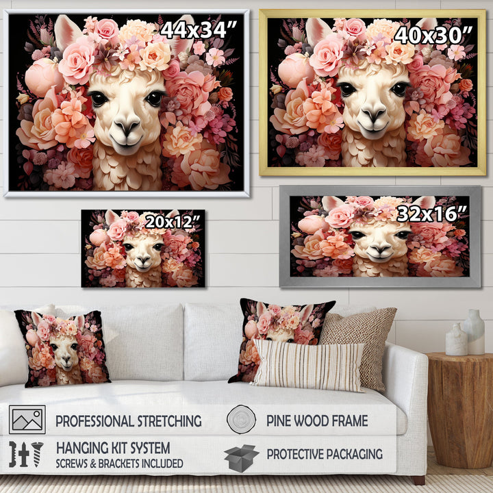 Pink flower crown Alpaca Portrait - Alpaca Large Canvas Wall Art