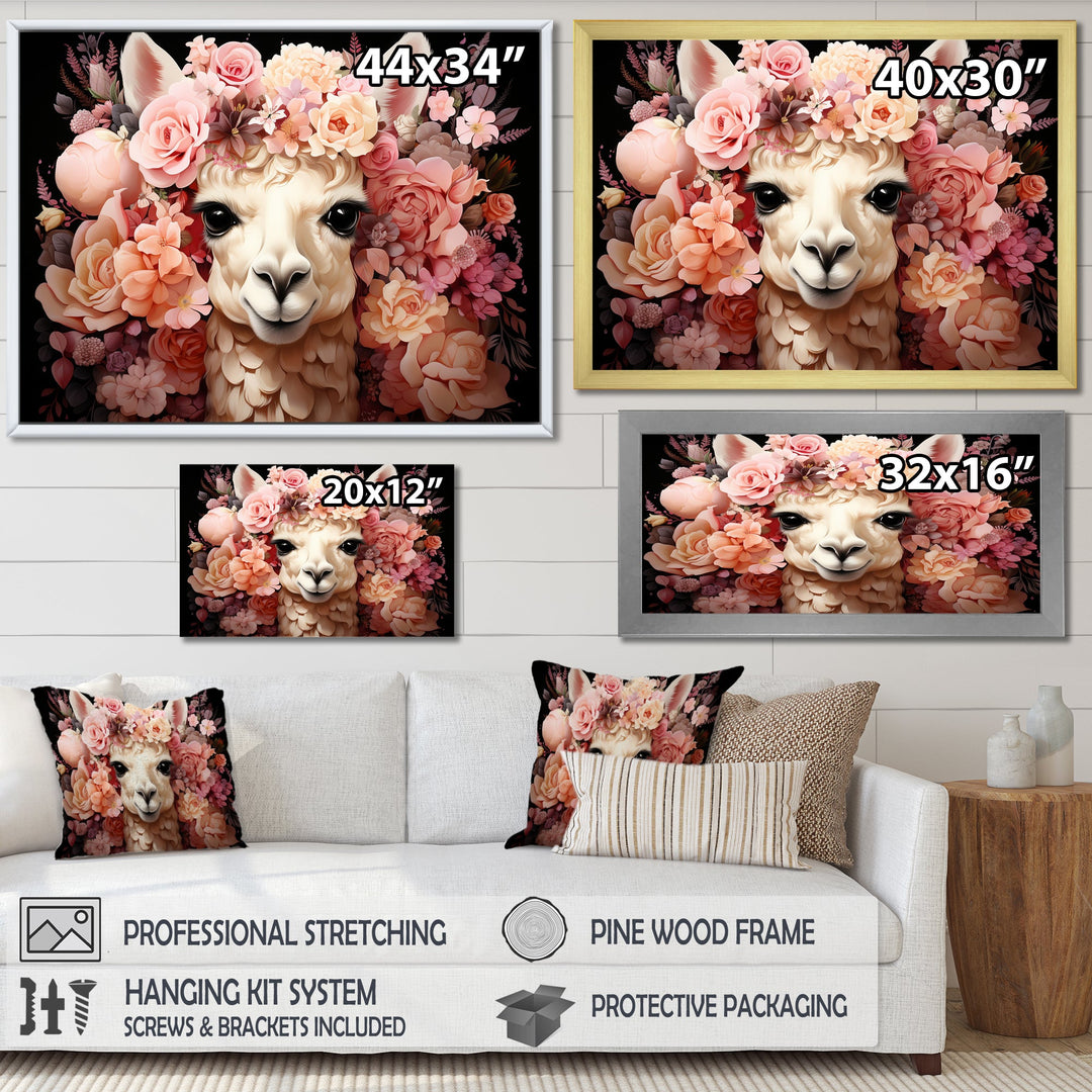 Pink flower crown Alpaca Portrait - Alpaca Large Canvas Wall Art