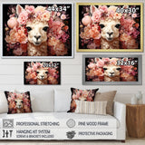 Pink flower crown Alpaca Portrait - Alpaca Large Canvas Wall Art
