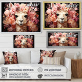 Pink flower crown Alpaca Portrait - Alpaca Large Canvas Wall Art