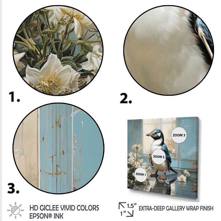 White Penguin floral Parade - Raven Canvas Wall Art