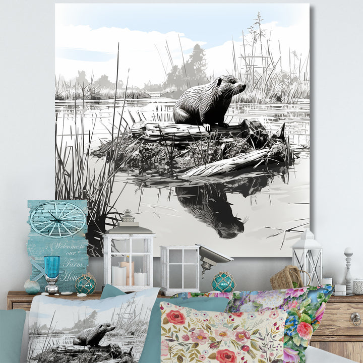 Grey Beaver lake bliss - Nursery Teddy Bear Framed Canvas Art