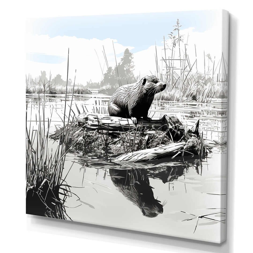 Grey Beaver lake bliss - Nursery Teddy Bear Framed Canvas Art