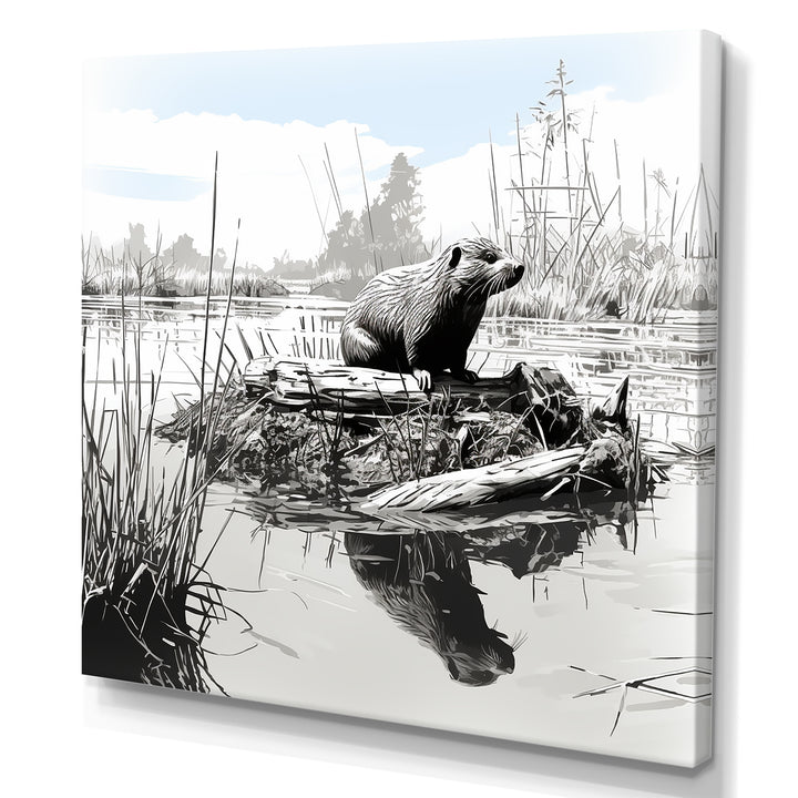 Grey Beaver lake bliss - Nursery Teddy Bear Framed Canvas Art