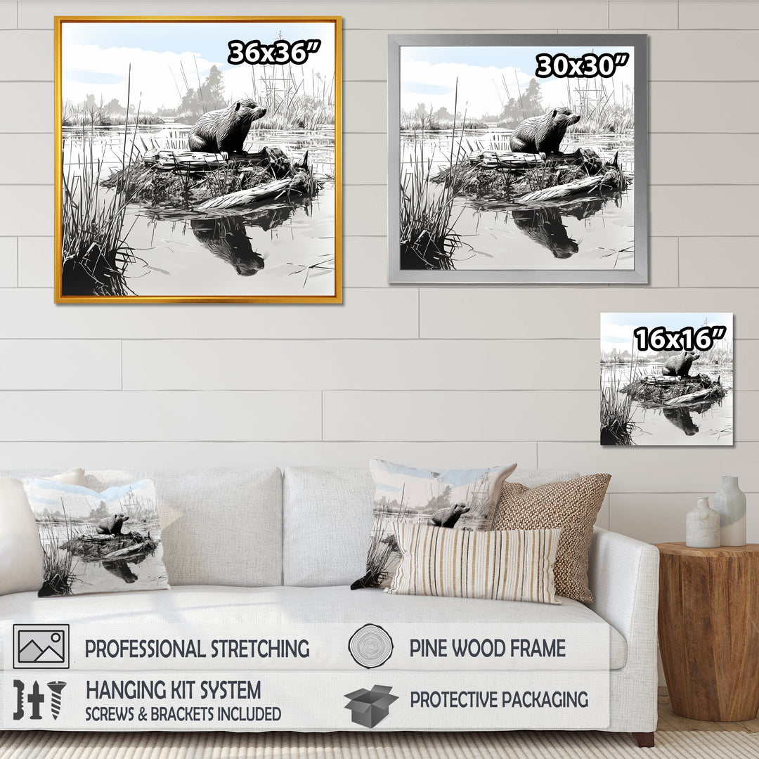 Grey Beaver lake bliss - Nursery Teddy Bear Framed Canvas Art