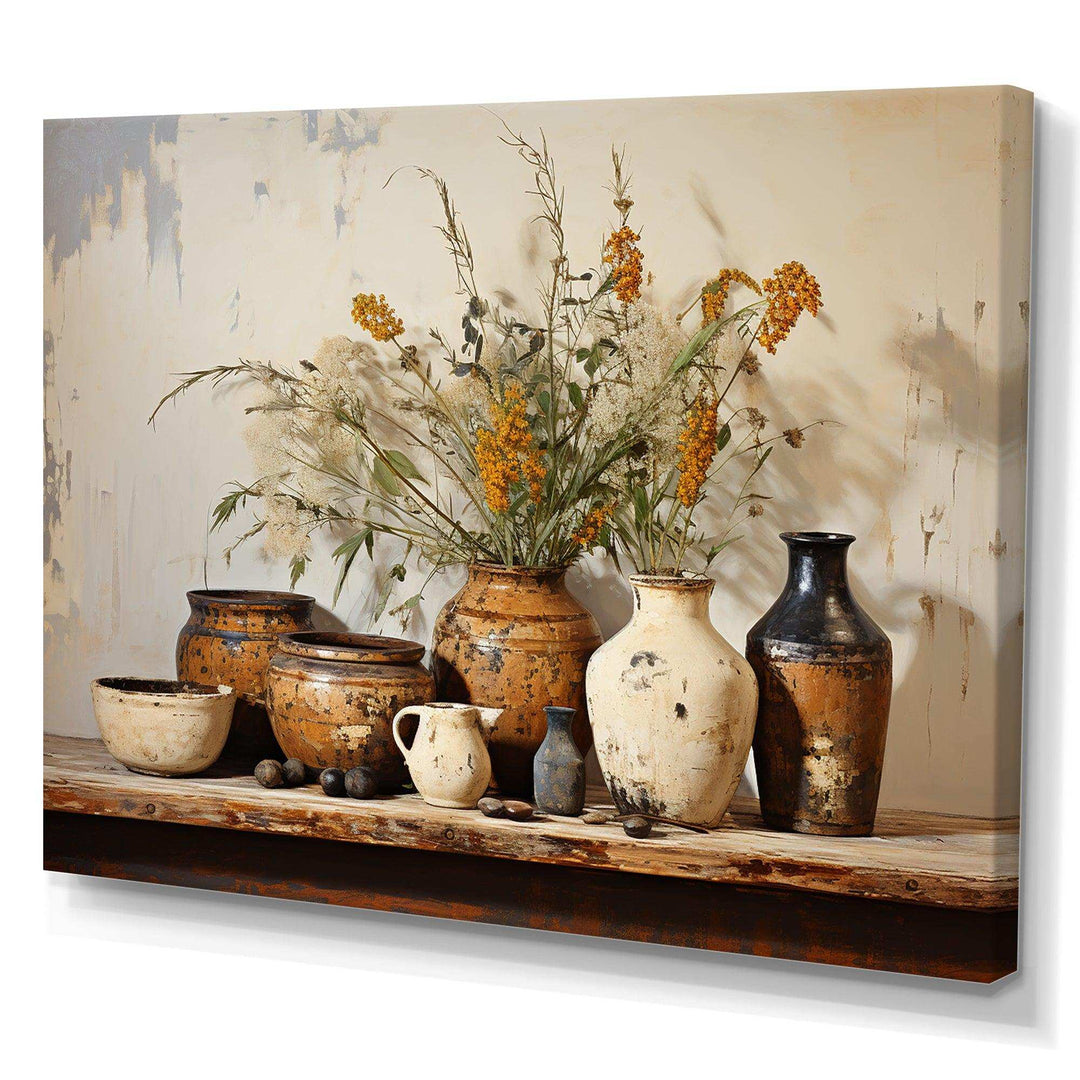 Brown floral Vintage Pottery Artifacts - Geometric Canvas Wall Art