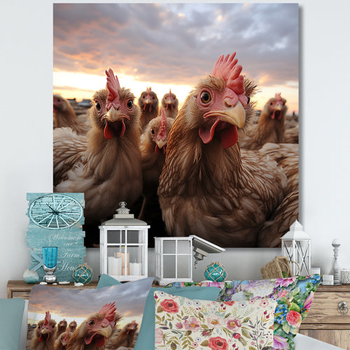 Red Chicken family at sunset - Chicken Wall Art Prints