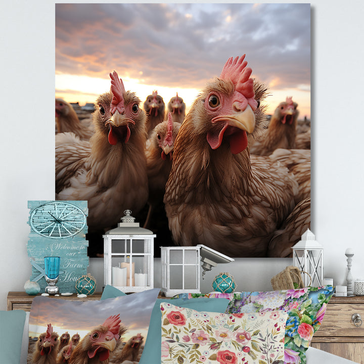 Red Chicken family at sunset - Chicken Wall Art Prints