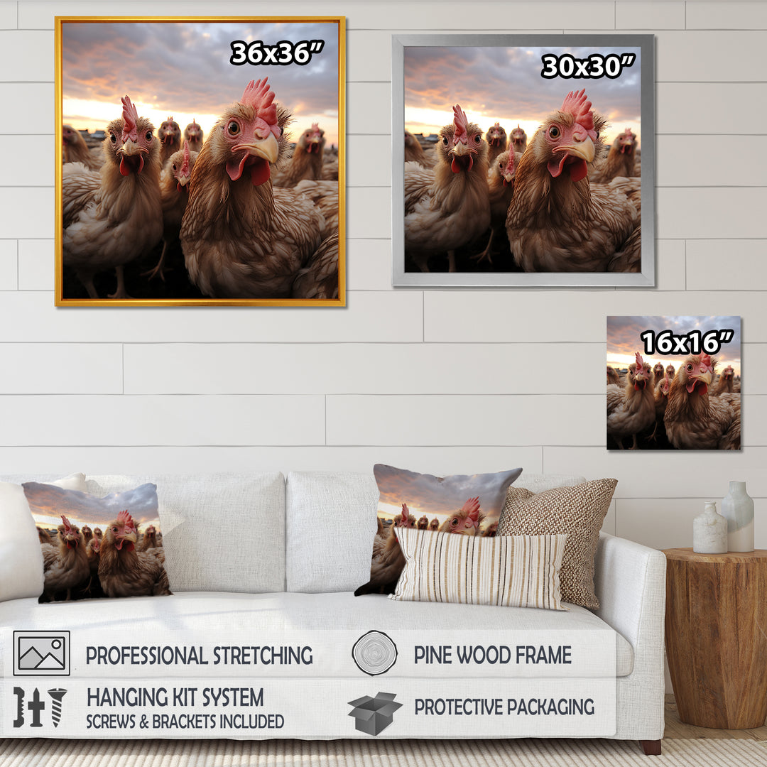 Red Chicken family at sunset - Chicken Wall Art Prints