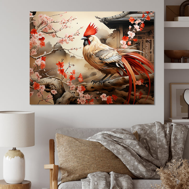 Japan beige and red Rooster - Rooster Living Room Wall Art
