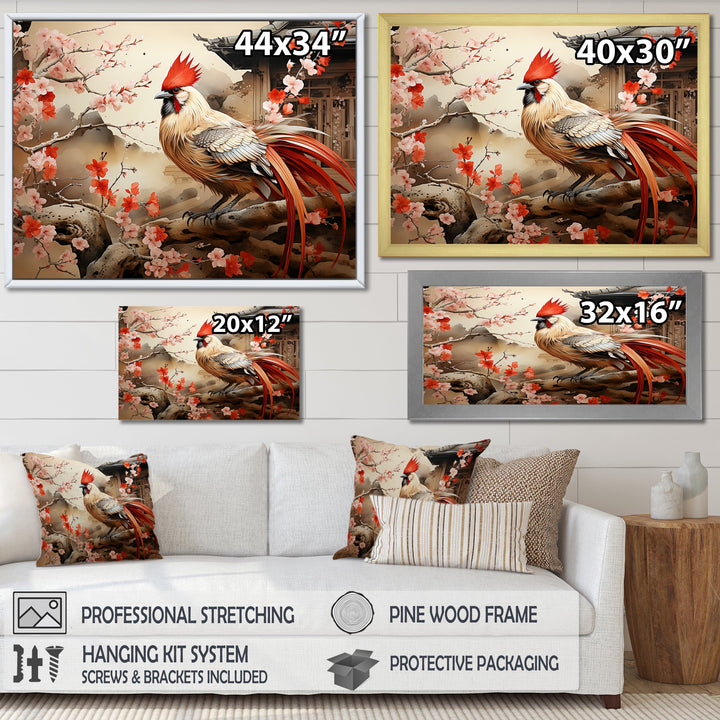 Japan beige and red Rooster - Rooster Living Room Wall Art