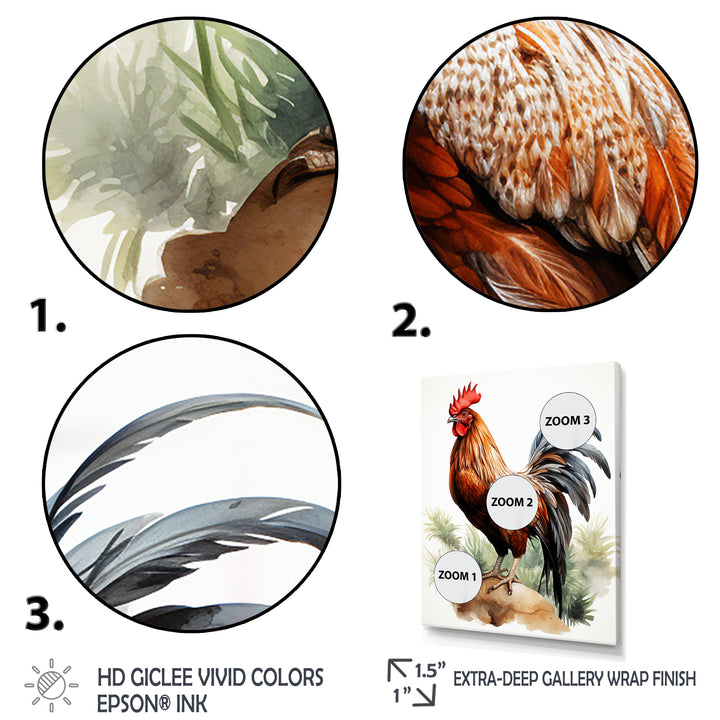 Red Pointillist Plumage Study rooster - Chicken Framed Canvas Art