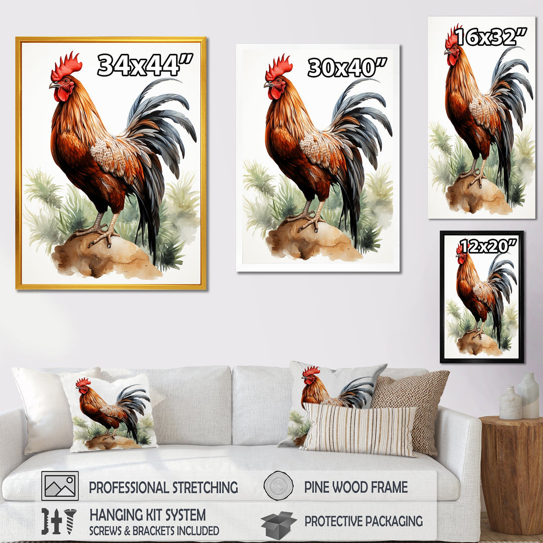 Red Pointillist Plumage Study rooster - Chicken Framed Canvas Art
