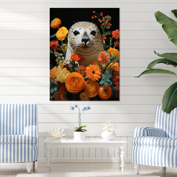 Colorful floral Harbor Seal blooms - Coastal Animal Wall Art Prints