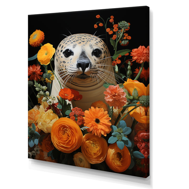 Colorful floral Harbor Seal blooms - Coastal Animal Wall Art Prints