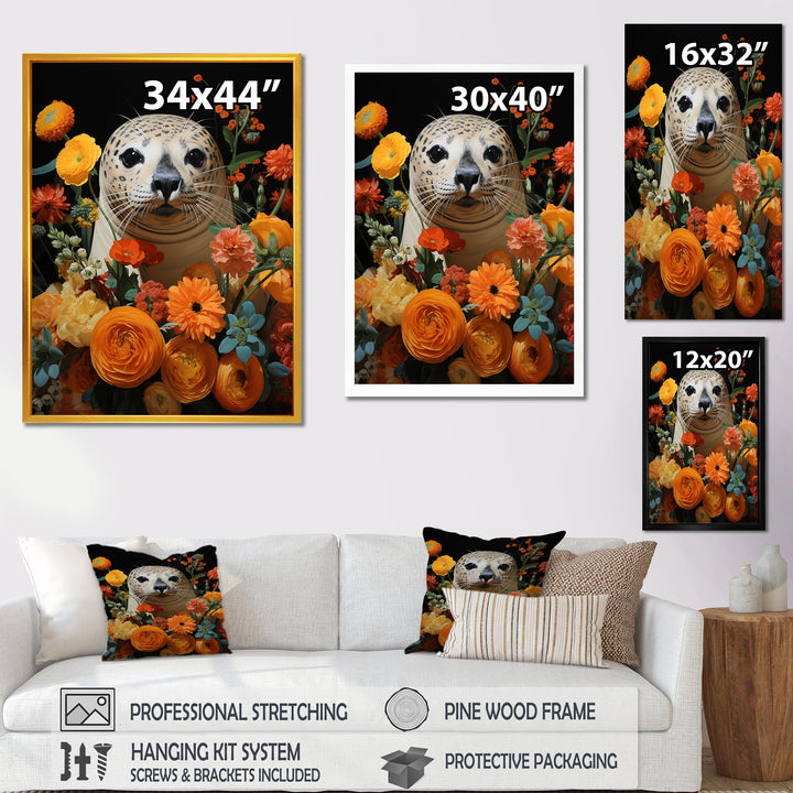 Colorful floral Harbor Seal blooms - Coastal Animal Wall Art Prints