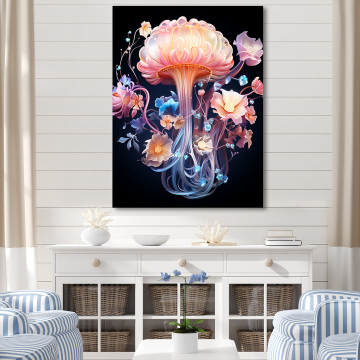 Pink and blue Jellyfish Drift - Coastal Animal Framed Canvas Art