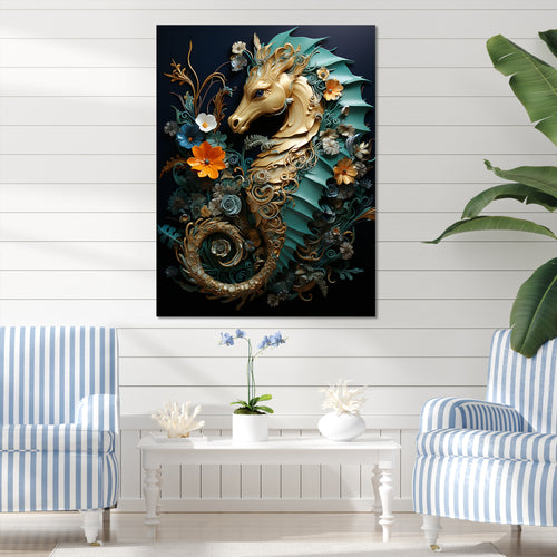 Gold and blue Seahorse Sanctuary - Coastal Animal Home Decor Art