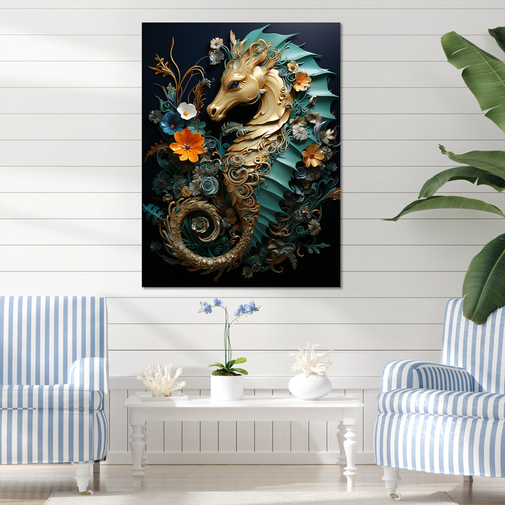 Gold and blue Seahorse Sanctuary - Coastal Animal Home Decor Art