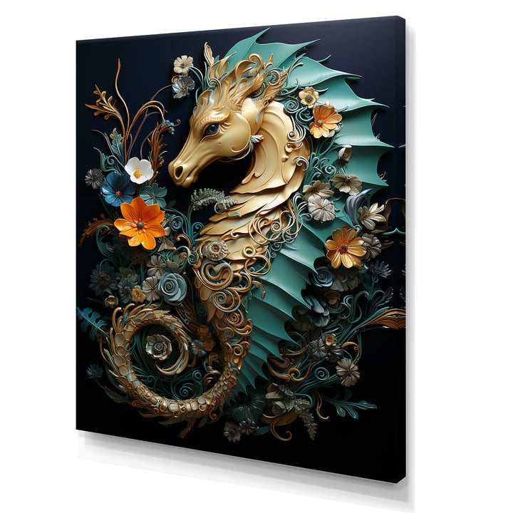 Gold and blue Seahorse Sanctuary - Coastal Animal Home Decor Art