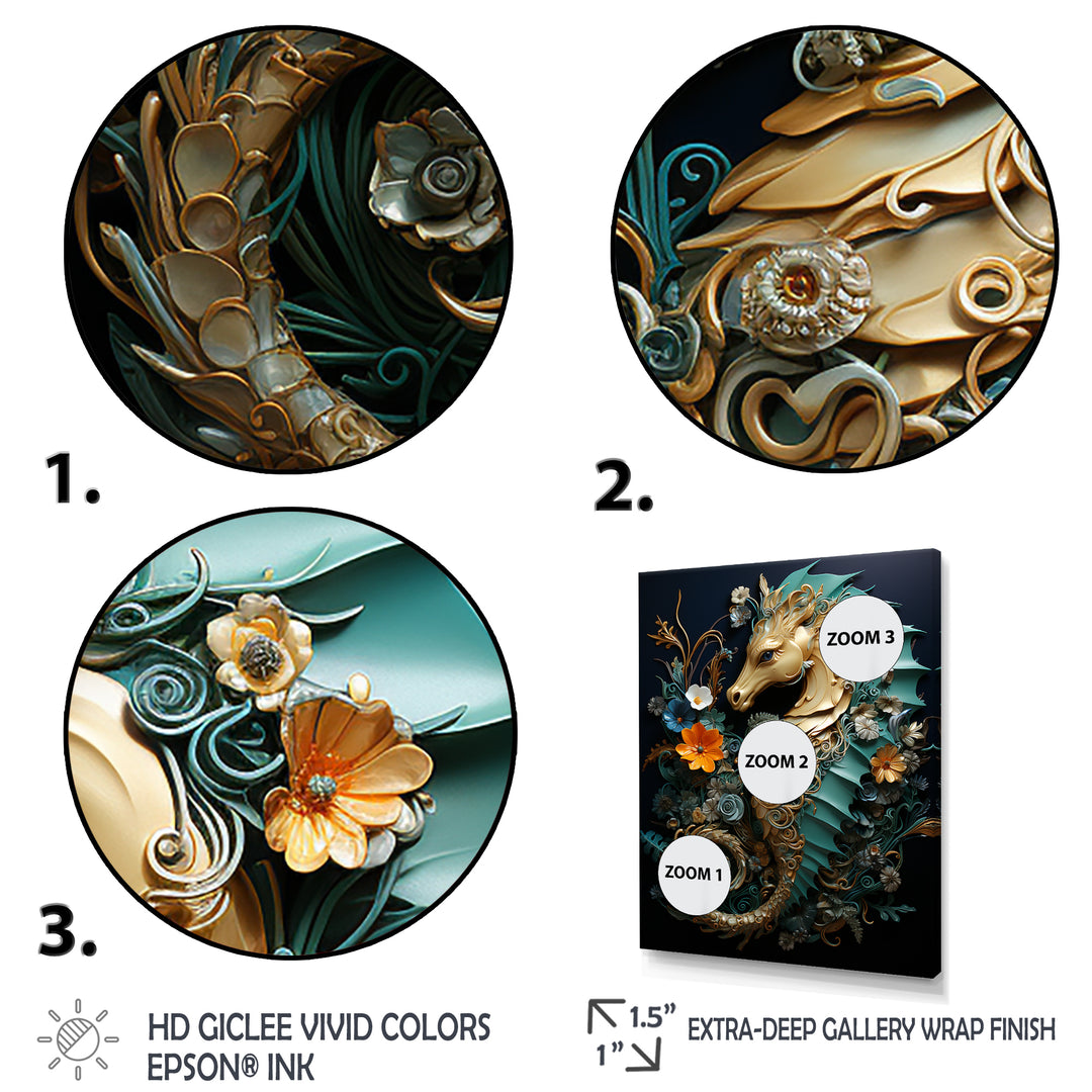 Gold and blue Seahorse Sanctuary - Coastal Animal Home Decor Art