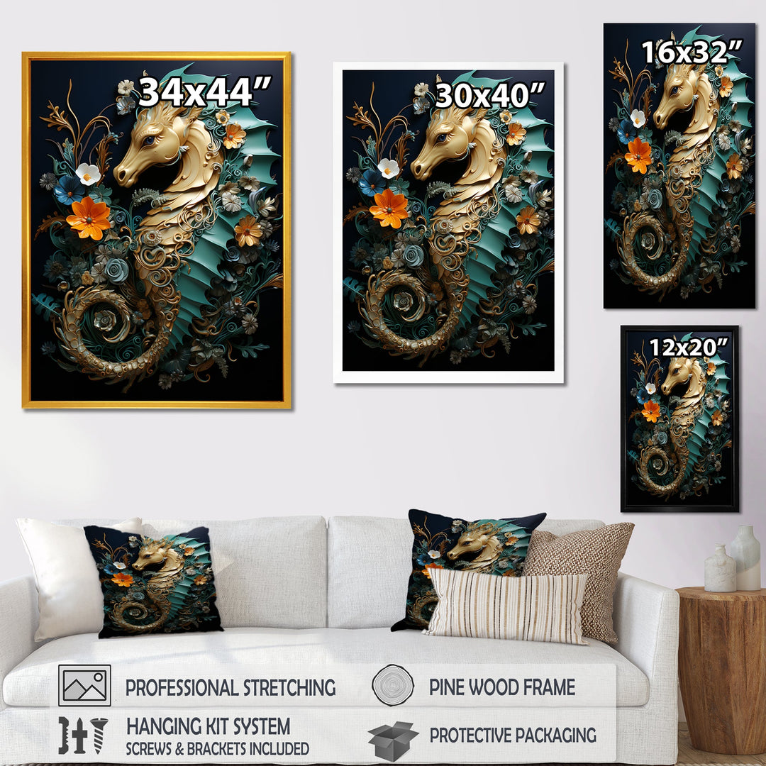 Gold and blue Seahorse Sanctuary - Coastal Animal Home Decor Art
