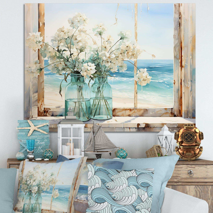 Blue window beachfront view blooms I - Coastal Canvas Wall Art