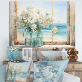 Blue window beachfront view blooms I - Coastal Canvas Wall Art