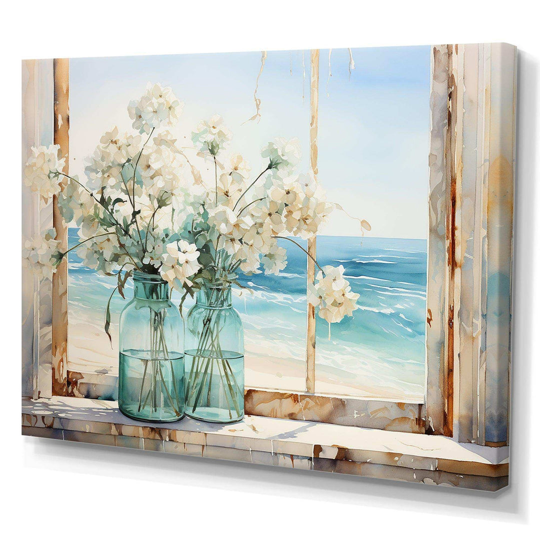 Blue window beachfront view blooms I - Coastal Canvas Wall Art