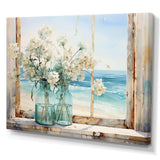 Blue window beachfront view blooms I - Coastal Canvas Wall Art